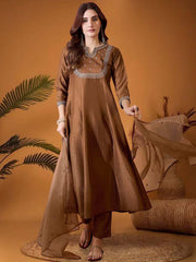 Brown Embroidered Kurta With Bottom & Dupatta