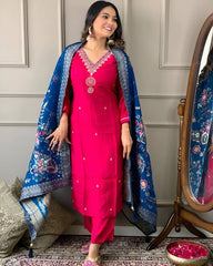 Rani Pink Embroidered Viscose Kurta Set With Dupatta