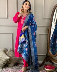Rani Pink Embroidered Viscose Kurta Set With Dupatta