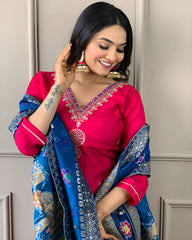 Rani Pink Embroidered Viscose Kurta Set With Dupatta