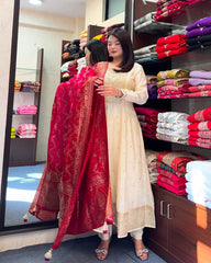 Traditional Cream Embellished Kurta Set with Rich Red Dupatta