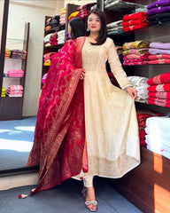 Traditional Cream Embellished Kurta Set with Rich Red Dupatta