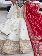 Traditional Cream Embellished Kurta Set with Rich Red Dupatta