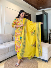 Bright Yellow Ethnic Wear with Floral Motifs