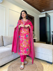 Vibrant Pink Ethnic Wear with Floral Motifs