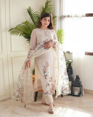 Elegant Off-White Suit with Pastel Embroidery
