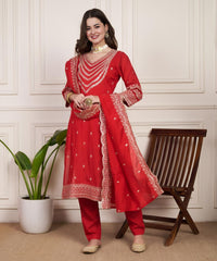 Traditional Red Anarkali Kurta with Golden Detailing