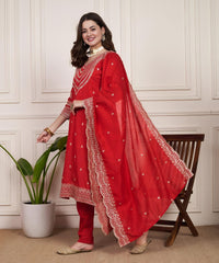 Traditional Red Anarkali Kurta with Golden Detailing
