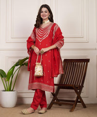 Traditional Red Anarkali Kurta with Golden Detailing