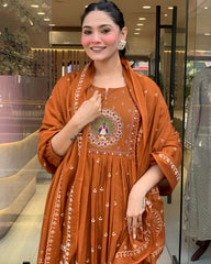Traditional Rust Orange Long Anarkali with Intricate Embroidery