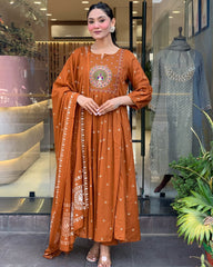 Traditional Rust Orange Long Anarkali with Intricate Embroidery