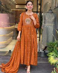 Traditional Rust Orange Long Anarkali with Intricate Embroidery