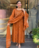 Traditional Rust Orange Long Anarkali with Intricate Embroidery