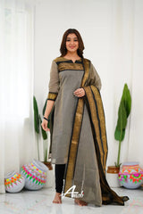 Graceful Ethnic Wear: Grey Churidar Suit with Rich Gold Detailing