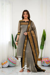 Graceful Ethnic Wear: Grey Churidar Suit with Rich Gold Detailing