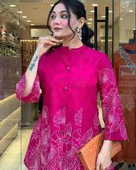 "Magenta Floral Handblock Print Kurta with Flared Sleeves"