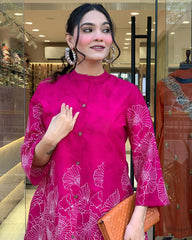 "Magenta Floral Handblock Print Kurta with Flared Sleeves"