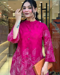 "Magenta Floral Handblock Print Kurta with Flared Sleeves"