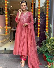 "Rust Mirror-Work Anarkali Set with Tassel Detailing – Festive Elegance"