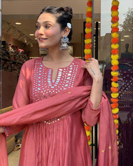 "Rust Mirror-Work Anarkali Set with Tassel Detailing – Festive Elegance"