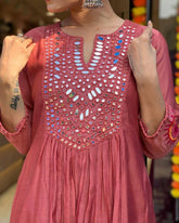 "Rust Mirror-Work Anarkali Set with Tassel Detailing – Festive Elegance"
