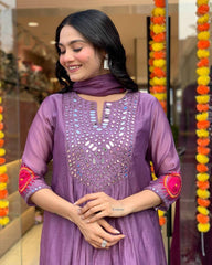 "Rust Mirror-Work Anarkali Set with Tassel Detailing – Festive Elegance"