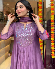 "Rust Mirror-Work Anarkali Set with Tassel Detailing – Festive Elegance"