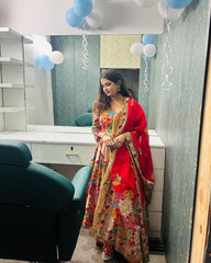 Traditional Red Floral Anarkali Dress Set