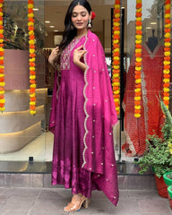 "Magenta Silk Blend Anarkali Suit with Embroidered Yoke & Dupatta"
