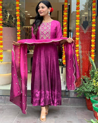 "Magenta Silk Blend Anarkali Suit with Embroidered Yoke & Dupatta"