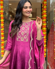 "Magenta Silk Blend Anarkali Suit with Embroidered Yoke & Dupatta"