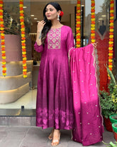 "Magenta Silk Blend Anarkali Suit with Embroidered Yoke & Dupatta"