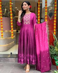 "Magenta Silk Blend Anarkali Suit with Embroidered Yoke & Dupatta"