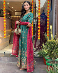 "Elegant Teal Anarkali Set with Embroidered Dupatta – Festive Wear Collection"