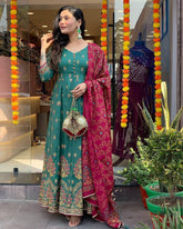 "Elegant Teal Anarkali Set with Embroidered Dupatta – Festive Wear Collection"