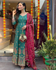 "Elegant Teal Anarkali Set with Embroidered Dupatta – Festive Wear Collection"