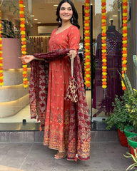 "Elegant Rust Anarkali Set with Maroon Dupatta & Potli Bag – Festive & Ethnic Wear"