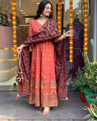"Elegant Rust Anarkali Set with Maroon Dupatta & Potli Bag – Festive & Ethnic Wear"