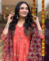 "Elegant Rust Anarkali Set with Maroon Dupatta & Potli Bag – Festive & Ethnic Wear"