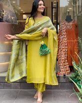 Elegant Yellow Kurta Set with Animal Print Dupatta