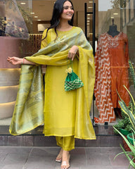 Elegant Yellow Kurta Set with Animal Print Dupatta