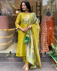 Elegant Yellow Kurta Set with Animal Print Dupatta