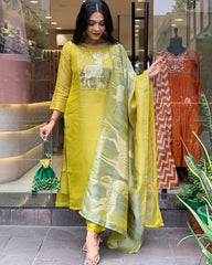 Elegant Yellow Kurta Set with Animal Print Dupatta