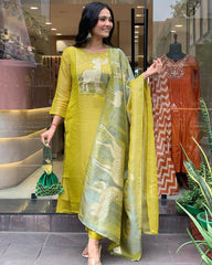 Elegant Yellow Kurta Set with Animal Print Dupatta
