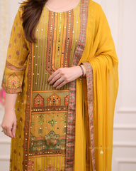 "Mustard Yellow Printed Suit Set with Intricate Mirror Work – Ethnic Charm Collection"