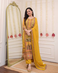 "Mustard Yellow Printed Suit Set with Intricate Mirror Work – Ethnic Charm Collection"