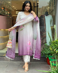 Elegant Ombre Floral Embroidered Kurta with Dupatta