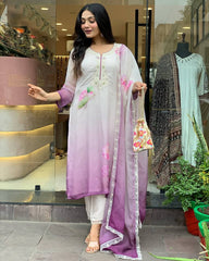 Elegant Ombre Floral Embroidered Kurta with Dupatta