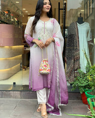 Elegant Ombre Floral Embroidered Kurta with Dupatta