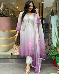 Elegant Ombre Floral Embroidered Kurta with Dupatta
